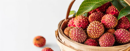 A wooden basket overflowing with vibrant lychees, with text space on a clean, white backdrop.の素材
