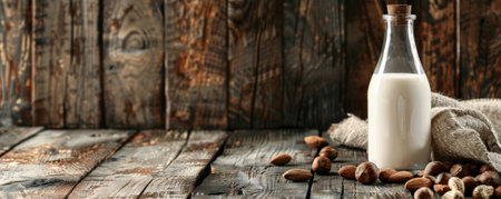 A rustic wooden background with a bottle of nut milk and a handful of nuts. The natural texture of the wood enhances the wholesome, creamy appearance of the milk, perfect for health-focused themes.の素材