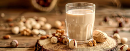 A glass of creamy nut milk on a wooden background, with assorted nuts around. The rough texture of the wood enhances the nutritious, wholesome appearance of the milk.の素材