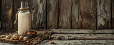 A rustic wooden background with a bottle of nut milk and a handful of nuts. The natural texture of the wood enhances the creamy, nutritious appearance of the milk, ideal for health-related themes.の素材