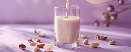 Brazil nut milk being poured from a glass bottle into a glass, with Brazil nuts around, on a soft lavender background. The gentle purple tone creates an elegant visual.の素材