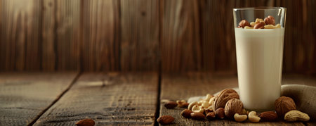 A rustic wooden background featuring a glass of nut milk and assorted nuts. The rich texture of the wood enhances the smooth, creamy quality of the milk.の素材