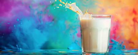 Glass of milk placed on a bold color background, with a splash effect. The contrast between the white milk and the bright colors creates a lively and dynamic visual.の素材