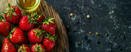 Top view of strawberries and oil on a wood board against a black background. The juicy red strawberries emphasize healthy eating. Text space available.の素材