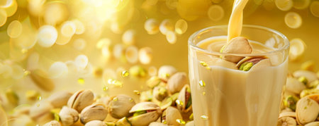 Pistachio milk being poured from a glass bottle into a glass, with pistachios around, set against a golden yellow background. The warm, rich color adds brightness.の素材