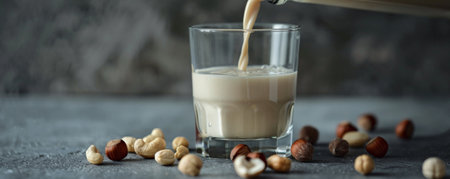 A glass of hazelnut milk being poured from a glass bottle, surrounded by hazelnuts, on a chic gray background. The neutral tone provides a sleek and sophisticated look.の素材