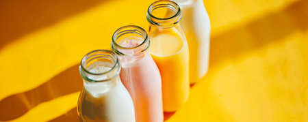 Trendy fermented dairy drinks with probiotics poured from glass bottles on a vibrant yellow background. The bright backdrop highlights the refreshing appearance of the drinks, making them stand out.の素材