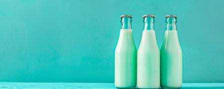 Trendy fermented dairy drinks with probiotics poured from glass bottles on a cool turquoise background. The vibrant hue adds a modern and fresh touch to the presentation.の素材