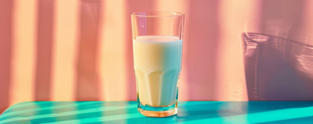 Fresh milk in a glass placed on a colorful background, with light reflections. The vibrant colors make the milk stand out, creating a lively and modern aesthetic.の素材