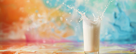 Glass of milk on a bright color background, with a splash effect. The bold colors highlight the creamy texture and freshness of the milk.の素材