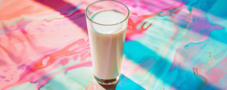 Glass of fresh milk on a colorful background, with light reflections. The bold colors enhance the milk's creamy texture and purity.の素材