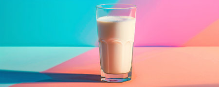 A glass of fresh milk placed against a vibrant color background, highlighting the creamy texture and pure white color of the milk, perfect for a refreshing and modern look.の素材