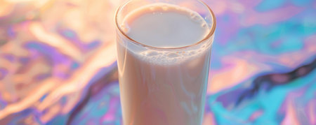 Glass of milk against a pastel color background, creating a soft and inviting look that highlights the milk's creamy and wholesome quality.の素材