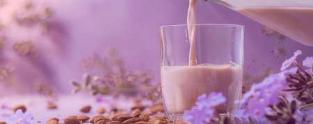 Brazil nut milk being poured from a glass bottle into a glass, with Brazil nuts scattered around, on a soft lavender background. The gentle purple tone creates an elegant visual.の素材