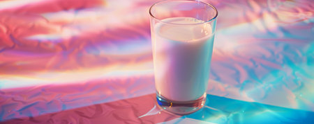 Glass of fresh milk on a colorful background, with light reflections. The bold colors enhance the milk's creamy texture and purity.の素材