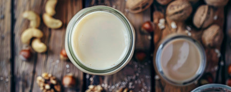 Nut milk in a glass jar on a wooden background, with nuts scattered around. The rich texture of the wood highlights the creamy, nutritious quality of the milk, perfect for healthy themes.の素材