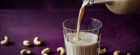 Pouring cashew milk from a glass bottle into a glass, with cashews scattered around, against a dark purple background. The rich, deep color adds a luxurious touch.の素材