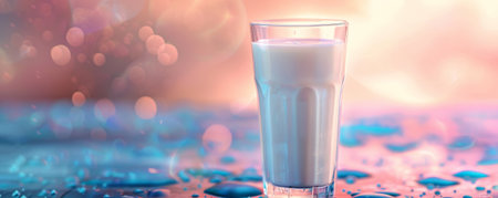 Glass of milk on a pastel color background, creating a soft and inviting look that highlights the creamy and wholesome quality of the milk.の素材
