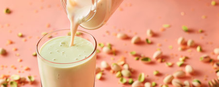 Pouring pistachio milk from a glass bottle into a glass, with pistachios scattered around, on a soft peach background. The warm, pastel tone creates a cozy visual.の素材