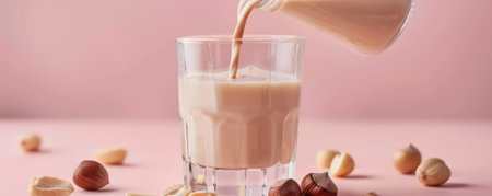 A bottle of hazelnut milk being poured into a glass, surrounded by whole hazelnuts, on a pastel pink background. The soft hues create a calming effect.の素材