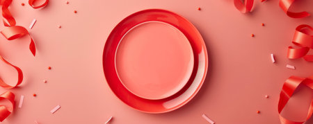 Festive scene featuring a blank coral plate on a coral table, viewed from above. The soft coral tones create a warm celebration. Text space available.の素材