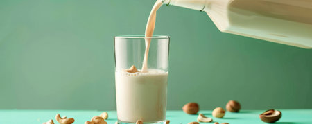 Brazil nut milk being poured from a glass bottle into a glass, with Brazil nuts around, on a mint green background. The cool, refreshing hue complements the healthy milk.の素材