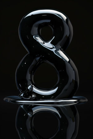 A distorted numeral 8 melting on a glossy black surface, its reflection adding depth. Space for text is provided, suitable for various creative usesの素材