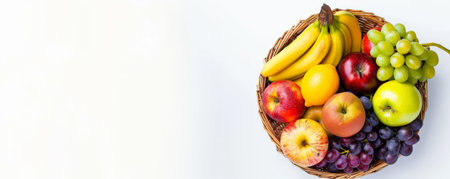 Top view of a wooden basket filled with colorful fruits like bananas, grapes, and apples, with plenty of text space on a clean, white backdrop.の素材
