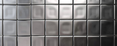 A silver background with a grid pattern, combining modern design elements with a sleek metallic finish.の素材