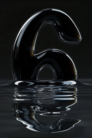 The numeral 6, melting on a smooth black surface, its reflection shimmering. Space for text adds flexibility, ideal for innovative and creative visualsの素材
