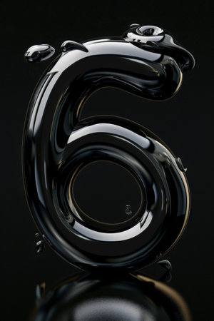 The numeral 6, melting on a smooth black surface, its reflection shimmering. Space for text adds flexibility, ideal for innovative and creative visualsの素材