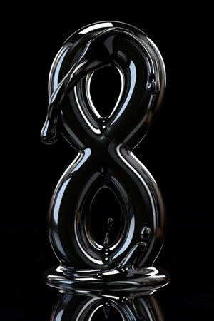 A distorted numeral 8 melting on a glossy black surface, its reflection adding depth. Space for text is provided, suitable for various creative usesの素材
