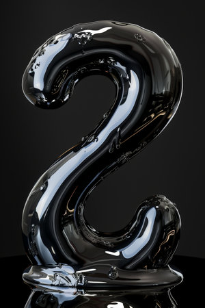 Melted numeral 2 gracefully resting on a glossy black surface, reflecting its distorted shape. Space for text adds versatility, ideal for creative design projectsの素材
