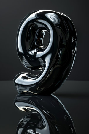 Melted numeral 9 on a sleek, reflective black surface. Its unique shape and reflection provide a modern visual, with space for text enhancing its versatilityの素材