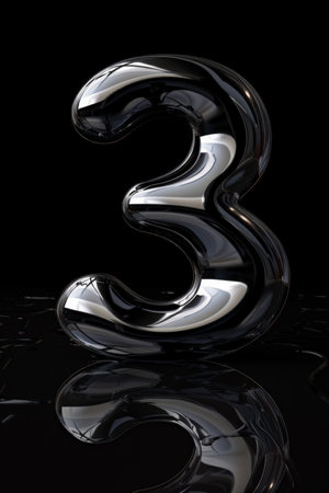 The numeral 3, appearing to melt, lies on a reflective black surface. Its distorted reflection adds depth and mystery, with space for text for versatile useの素材