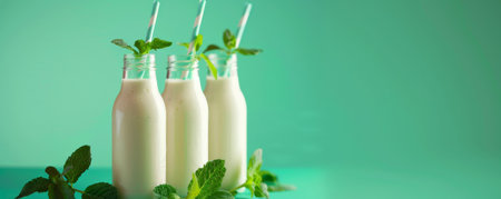 Trendy fermented dairy drinks with probiotics poured from glass bottles on a mint green background. The cool, refreshing hue complements the health benefits of the drinks.の素材