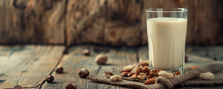 Nut milk in a glass, placed on a rustic wooden background with scattered nuts. The rich texture of the wood highlights the smooth, creamy milk, perfect for promoting a healthy lifestyle.の素材