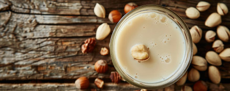 Nut milk in a glass jar on a wooden background, surrounded by nuts. The rough wood surface highlights the smooth, creamy quality of the milk, perfect for healthy themes.の素材