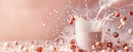 A bottle of hazelnut milk being poured into a glass, with hazelnuts scattered around, on a pastel pink background. The soft hues create a soothing visual.の素材