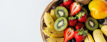 A wooden basket overflowing with nutritious fruits like kiwis, strawberries, and bananas, top view, with a white background and space for text.の素材