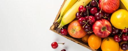 Fresh organic fruit assortment, including bananas, cherries, and apples, in a wooden basket, viewed from above, with space for text on a clean, white background.の素材