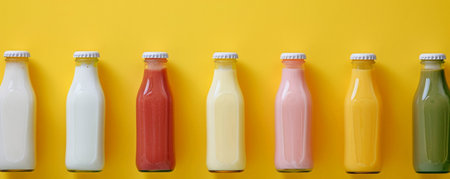 Trendy fermented dairy drinks with probiotics poured from glass bottles on a vibrant yellow background. The bright backdrop highlights the refreshing appearance of the drinks, making them stand out.の素材