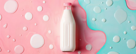 Bottle of milk on a vivid color background, with milk droplets around. The bright background enhances the pure white color and creamy texture of the milk.の素材