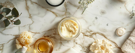 A top-down view of luxurious spa products, including a jar of body butter, massage oils, and a sea sponge, all elegantly arranged on a marble surface.の素材