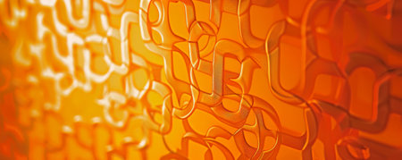 A vibrant orange background with a pattern of interlocking lines, adding complexity and depth to the design.の素材