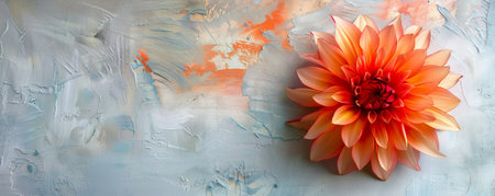 A dahlia with a concrete backdrop and an empty wall. The vibrant, multi-layered petals of the dahlia add texture and color to the minimalist composition.の素材