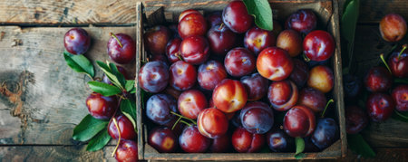 Overhead shot of a wooden basket containing fresh organic plums. The rich colors and natural texture create an inviting scene with ample text space for highlighting the nutritious fruits.の素材