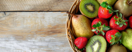 An assortment of fresh organic fruits, including kiwis, strawberries, and pears, in a wooden basket, top-down view, with ample text space on a light wooden background.の素材