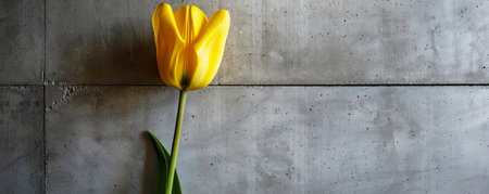 A tulip against a concrete backdrop and an empty wall. The bright yellow petals add a touch of color and elegance to the minimalist flat lay composition.の素材