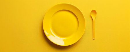 Party concept with a blank yellow plate on a yellow table, seen from above. The bright yellow creates a cheerful vibe. Plenty of rooms for text.の素材